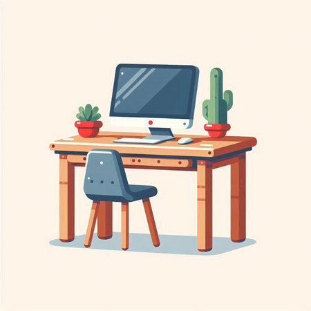Working desk with computer, chair and cactus. Flat style vector illustration.のイラスト素材