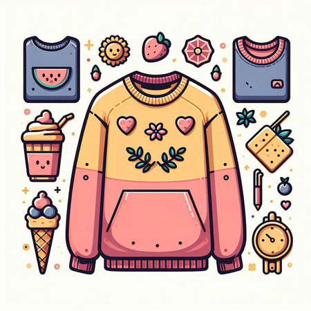 Cute hand drawn doodle fashion illustration with sweater, ice cream and other elementsのイラスト素材