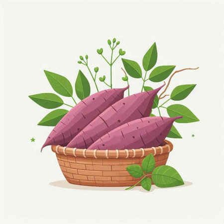 Sweet potato in a wicker basket with green leaves. Vector illustration.のイラスト素材