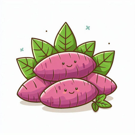 Sweet potato cartoon vector illustration isolated on white background. Fresh sweet potato with leaves.のイラスト素材