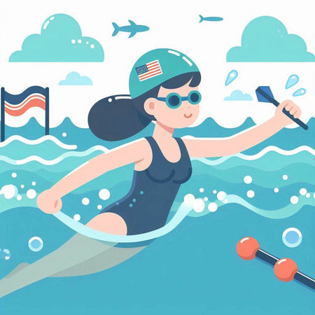Girl in swimsuit and goggles swimming in the water. Vector illustrationのイラスト素材