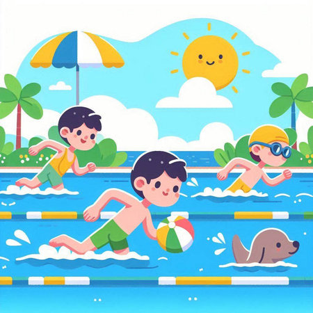 Kids Swimming Pool Vector Illustration. Cartoon Little Boys Swimming in Poolのイラスト素材