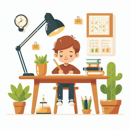 Boy doing homework at home. Cute schoolboy sitting at his desk and doing homework. Vector illustration.のイラスト素材