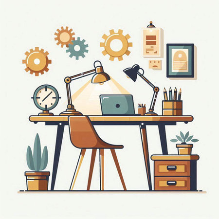Office workplace. Workplace with desk, computer, lamp and other items. Vector illustrationのイラスト素材