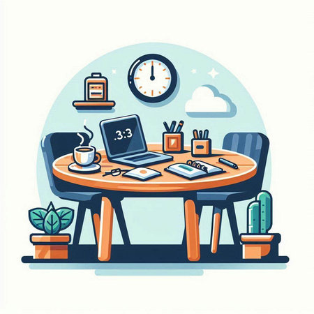 Office workplace. Workplace with computer, books, coffee cup and clock. Vector illustrationのイラスト素材