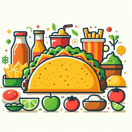 Mexican food vector illustration with tacos, chips, cola, nachos and vegetablesのイラスト素材