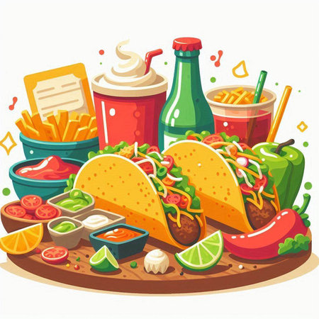 Mexican food vector illustration. Taco, tacos, hot dog, nachos, jalapenos, salsa, sauces and colaのイラスト素材