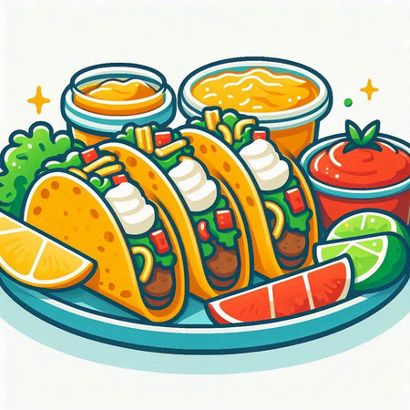 Illustration of a plate of mexican tacos with various saucesのイラスト素材
