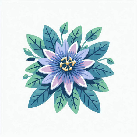 Vector illustration of blue flower with green leaves isolated on white background.のイラスト素材