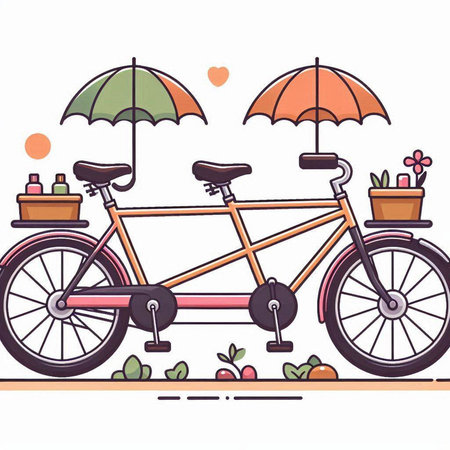 Bicycle with umbrella and flowers. Vector illustration in flat style.のイラスト素材