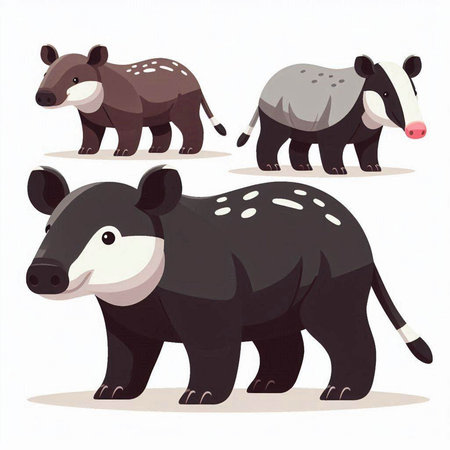 Cute cartoon badger and tapirs. Vector illustration isolated on white background.のイラスト素材