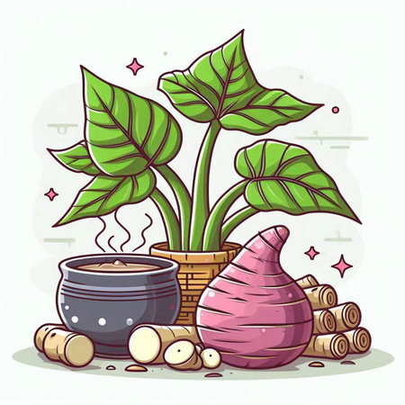 Illustration of houseplant, pot with root and cauldron.のイラスト素材