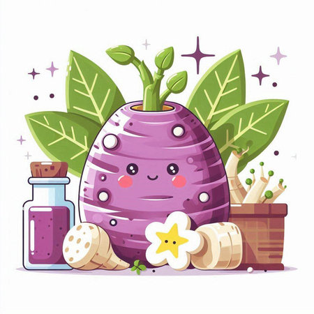 Purple kawaii kawaii kawaii kawaii turnip vegetable character with fresh juice and ingredients. Vector illustrationのイラスト素材
