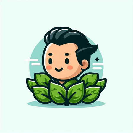 Cute boy with green leaves. Vector illustration in cartoon style.のイラスト素材