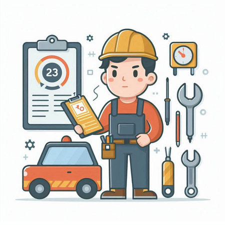 Worker with checklist and tools. Vector illustration in cartoon style.のイラスト素材