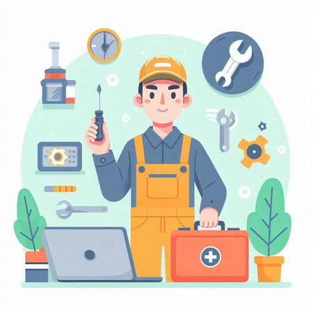 Repairman with tools. Flat style vector illustration on white background.のイラスト素材