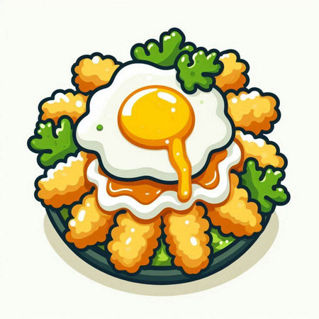Illustration of fried eggs with breadcrumbs on a plate.のイラスト素材