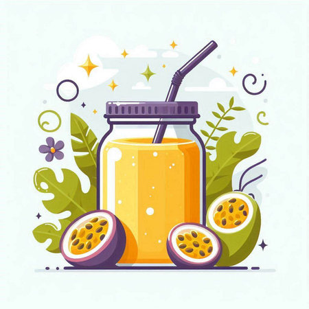 Passion fruit smoothie in a glass jar with a straw. Vector illustration.のイラスト素材