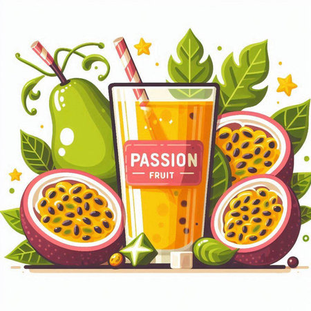 Passion fruit juice on white background. Vector illustration in flat style.のイラスト素材