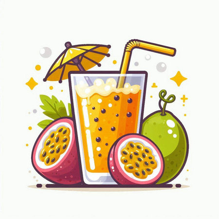 Passion fruit juice in a glass with a straw. Vector illustration.のイラスト素材