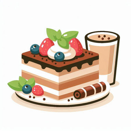 Vector illustration of a chocolate cake with cream, strawberries and blueberriesのイラスト素材
