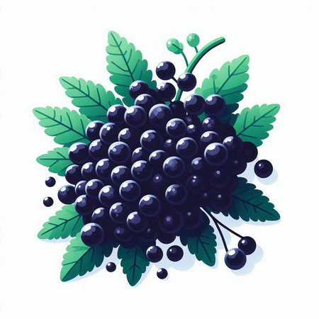 Bunch of black grapes with leaves isolated on white background. Vector illustration.のイラスト素材