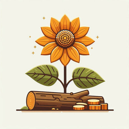 Sunflower with leaves and firewood. Vector illustration. Flat style.のイラスト素材