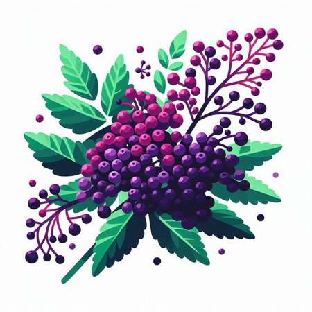 Bunch of rowan berries with green leaves. Vector illustration.のイラスト素材