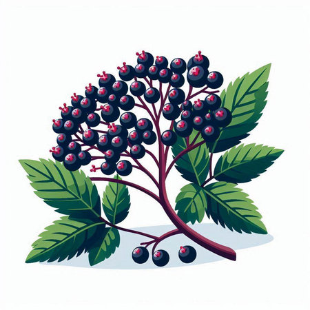Black elderberry berries with leaves. Vector illustration isolated on white background.のイラスト素材