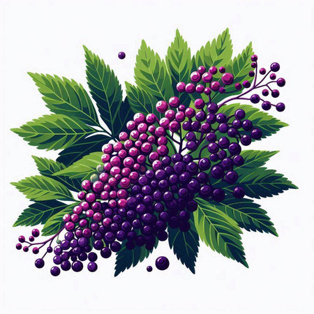 Bunch of black grapes with leaves isolated on white background. Vector illustration.のイラスト素材