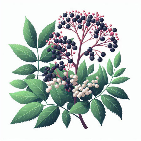 Sambucus nigra branch with berries and leaves. Vector illustration.のイラスト素材