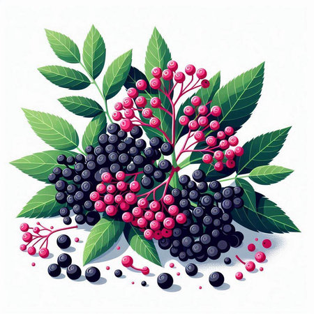 Bunch of elderberry with leaves and berries. Vector illustration.のイラスト素材