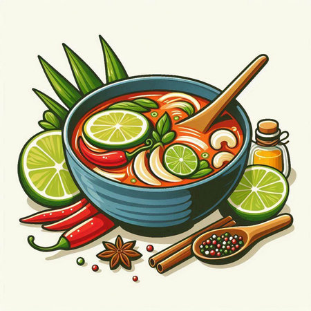 Bowl of spicy soup with lime and chili pepper. Vector illustration.のイラスト素材