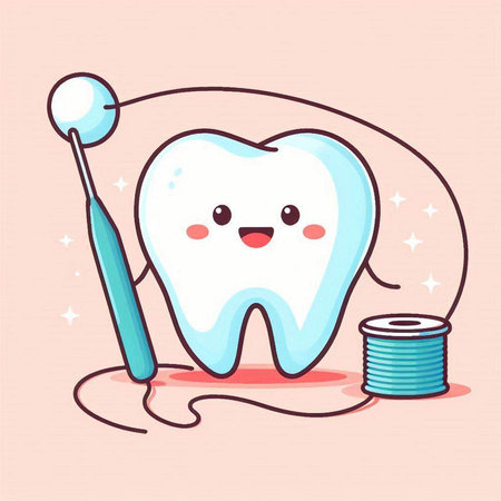 Cute cartoon tooth character with dental tools. Dental care conceptのイラスト素材