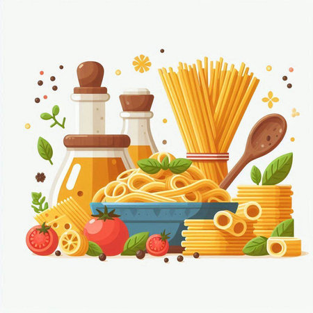 Italian food. Pasta, spaghetti, tomato, spices and herbs. Vector illustrationのイラスト素材