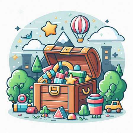 Vector illustration of a wooden chest with toys in the park. Cartoon style.のイラスト素材