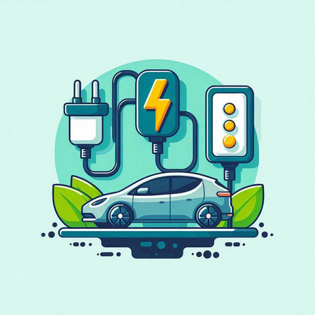 Electric car charging station flat vector illustration. Green eco vehicle charging station with power plug and electric car on green background. Electric vehicle charging station concept.のイラスト素材