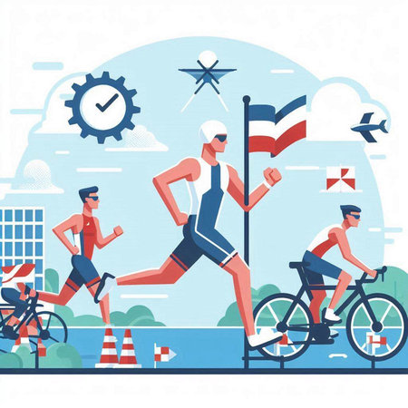 Cyclists running in city park. Healthy lifestyle. Vector illustrationのイラスト素材
