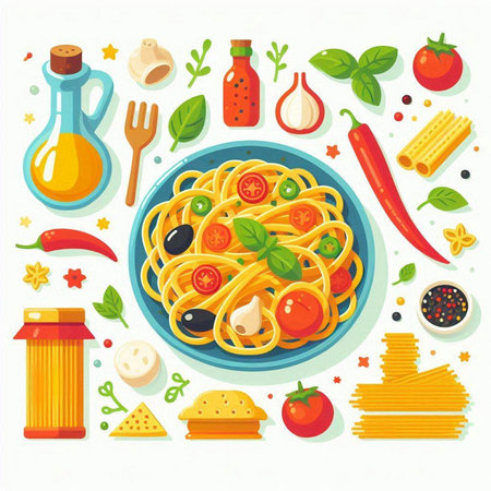 Spaghetti with tomato sauce, basil, olives, garlic, olive oil and spices. Vector flat illustrationのイラスト素材