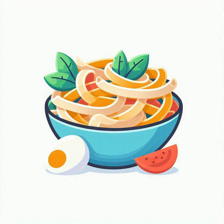 Illustration of a bowl of pasta with tomato and basil leaves.のイラスト素材