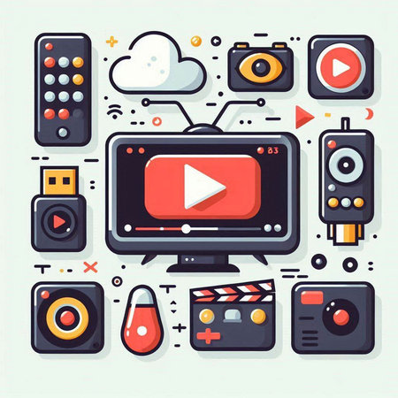 Flat design vector illustration concept of multimedia. Video player, video player, media player, video recorder, remote control, speaker and computer monitor.のイラスト素材