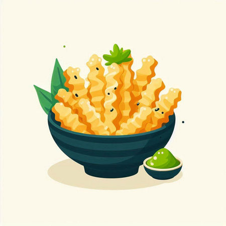 Illustration of a bowl of deep fried chinese prawnsのイラスト素材