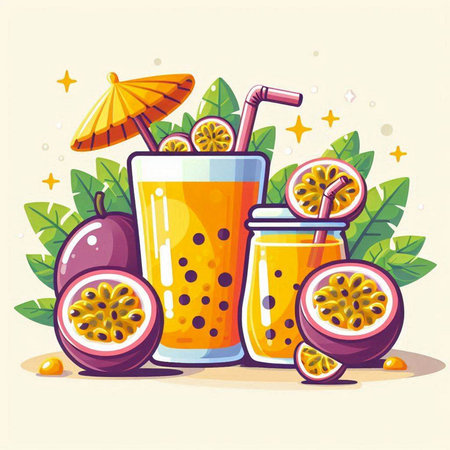 Passion fruit juice and smoothie in glasses with straws. Vector illustration.のイラスト素材
