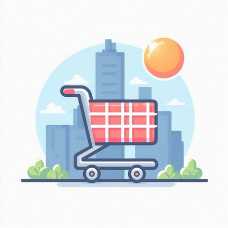Shopping cart on city background. Vector illustration in flat style.のイラスト素材