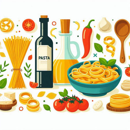 Italian food vector illustration with pasta, vegetables, oil and spices.のイラスト素材