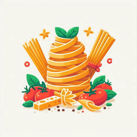 Spaghetti with tomato sauce, cheese and basil. Vector illustration.のイラスト素材