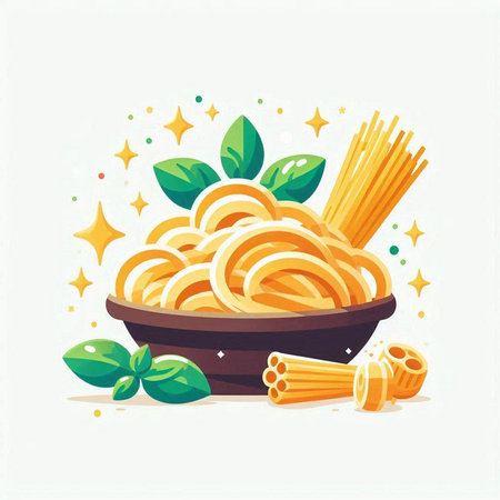 Illustration of a bowl of spaghetti with basil leafs, vector illustrationのイラスト素材