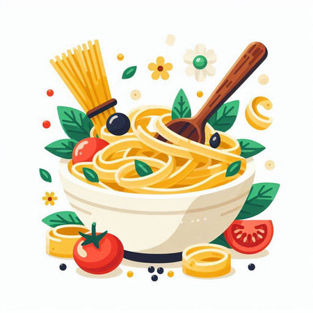Spaghetti pasta in a bowl with olive oil and tomato. Vector illustration.のイラスト素材