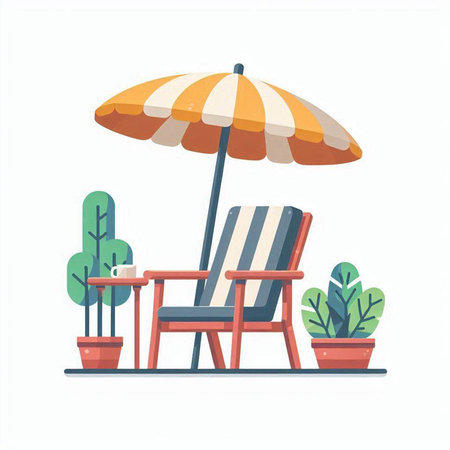 Beach chair and umbrella. Vector illustration in flat cartoon style.のイラスト素材