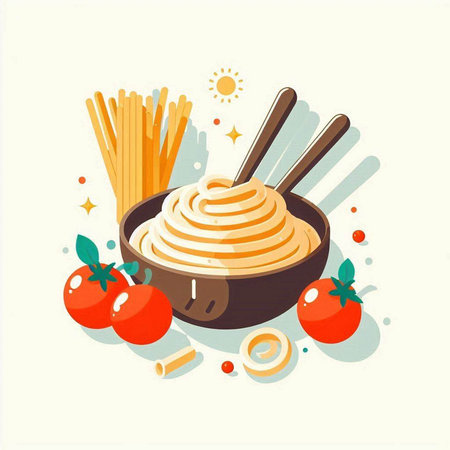 Illustration of a bowl of spaghetti with chopsticks, tomatoes and onionsのイラスト素材